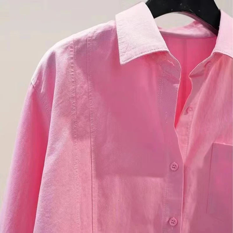 Collar pink solid long sleeved loose shirt and jacket casual single chest spring simple OL 250312