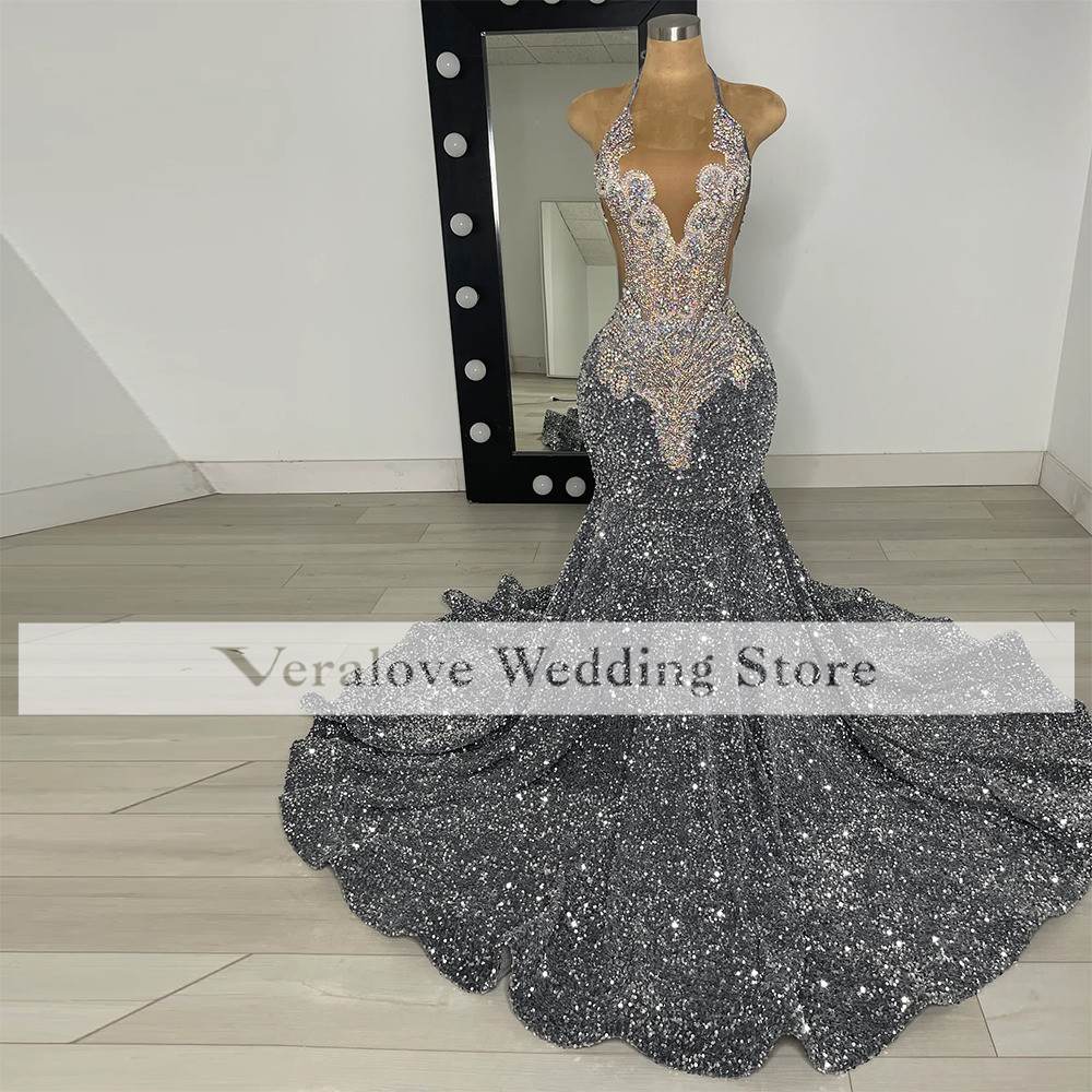Sparkly Silver Gray Sequin Prom Dresses 2025 Rhinestone Mermaid Party Gowns For Black Girls Graduation Dress Long Customized