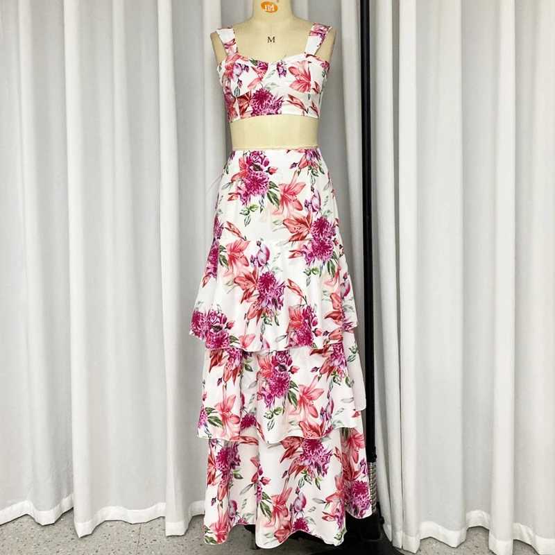 Two Piece Dress Wefads 2-piece womens summer elegant floral print Slvel high waisted vest loose cascading long sleeved dress Y250315TPX1