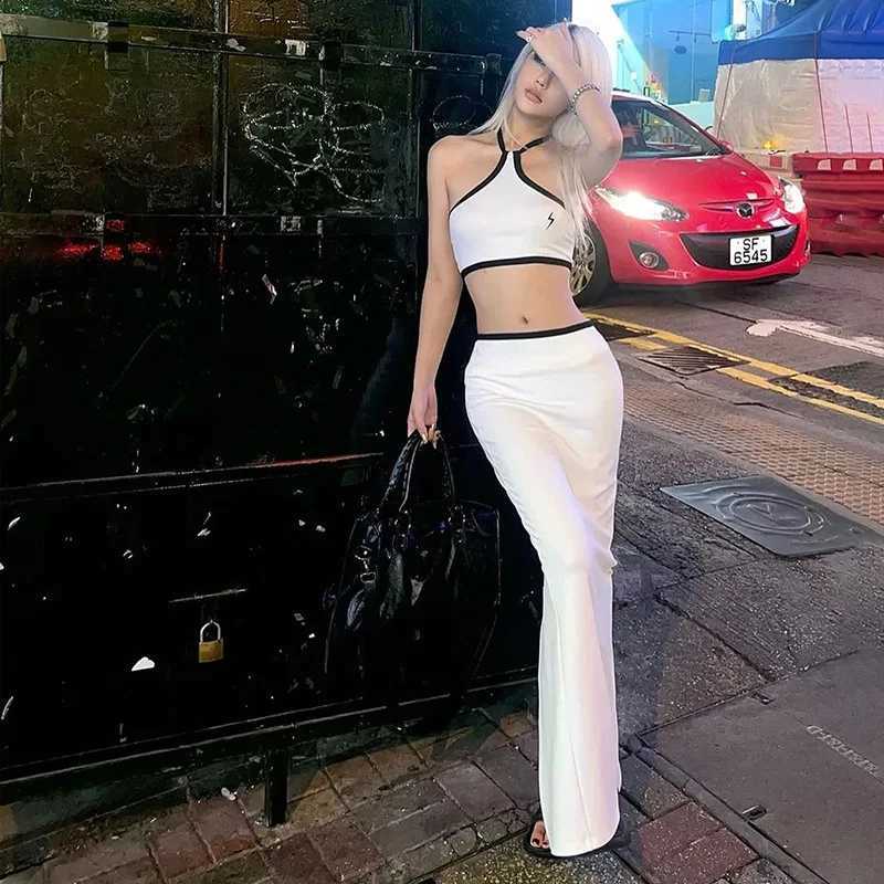 Two Piece Dress Sexy Solid Halter Women Skirt Suits Slvel Backl Crop Top +Split Skirts Two Piece Outfits 2025 Summer New Chic Lady Sets Y2503156WZA