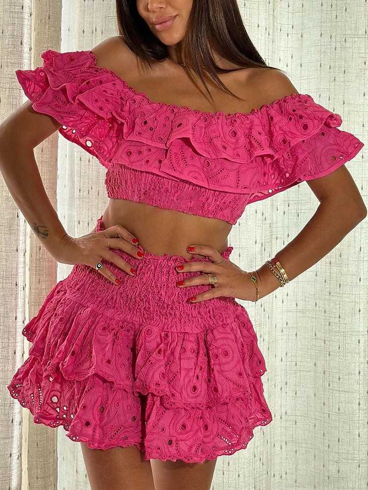 Two Piece Dress TWOTWINSTYLE Slimming Two Piece Sets For Women Slash Neck Short Slve Top High Waist A Line Skirt Summer Casual Set Female New Y2503155