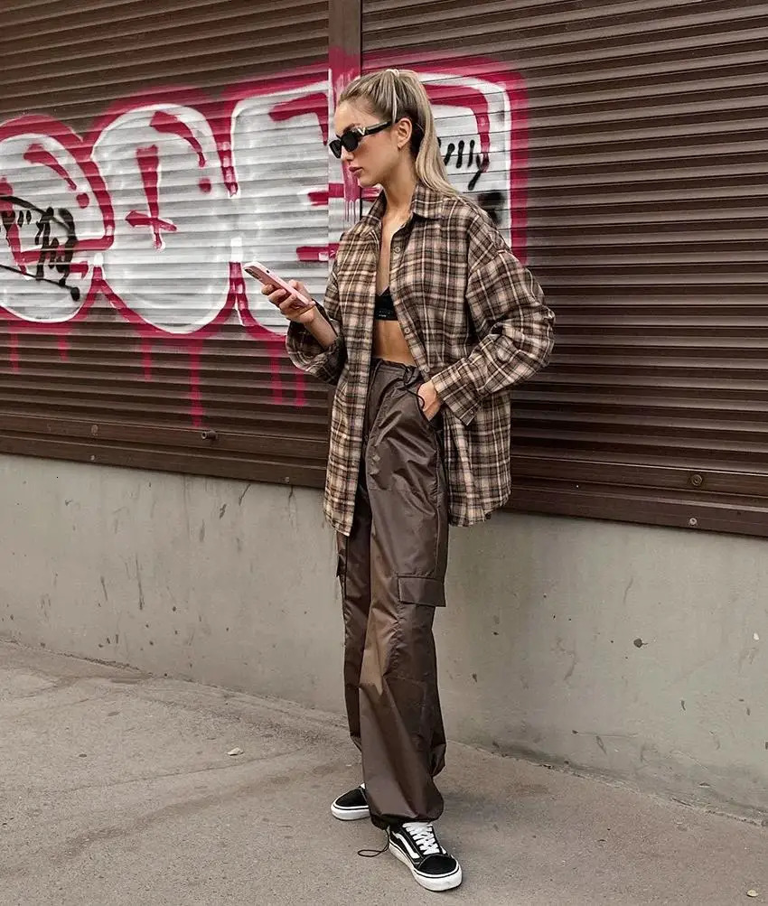 Womens Long Sleeve Blouse Loose Single Breasted Casual Shirt Spring Autumn Vintage Plaid Checkered 250312
