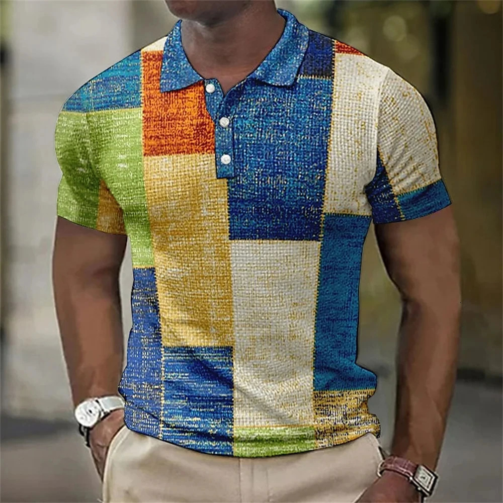 Mens Polo Shirt Striped Plaid Print Vintage 3D Summer Button Down Collar Casual Short Sleeve Oversized Tops Clothes 250312