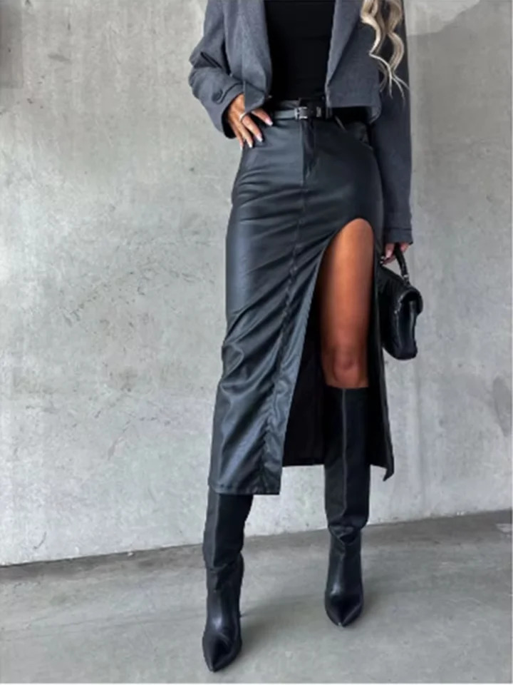 Womens Mid Pu Leather skirt solid Color slit sexy Hip Hugging High Street Party Fashion Punk Style Autumn Skirt 250312