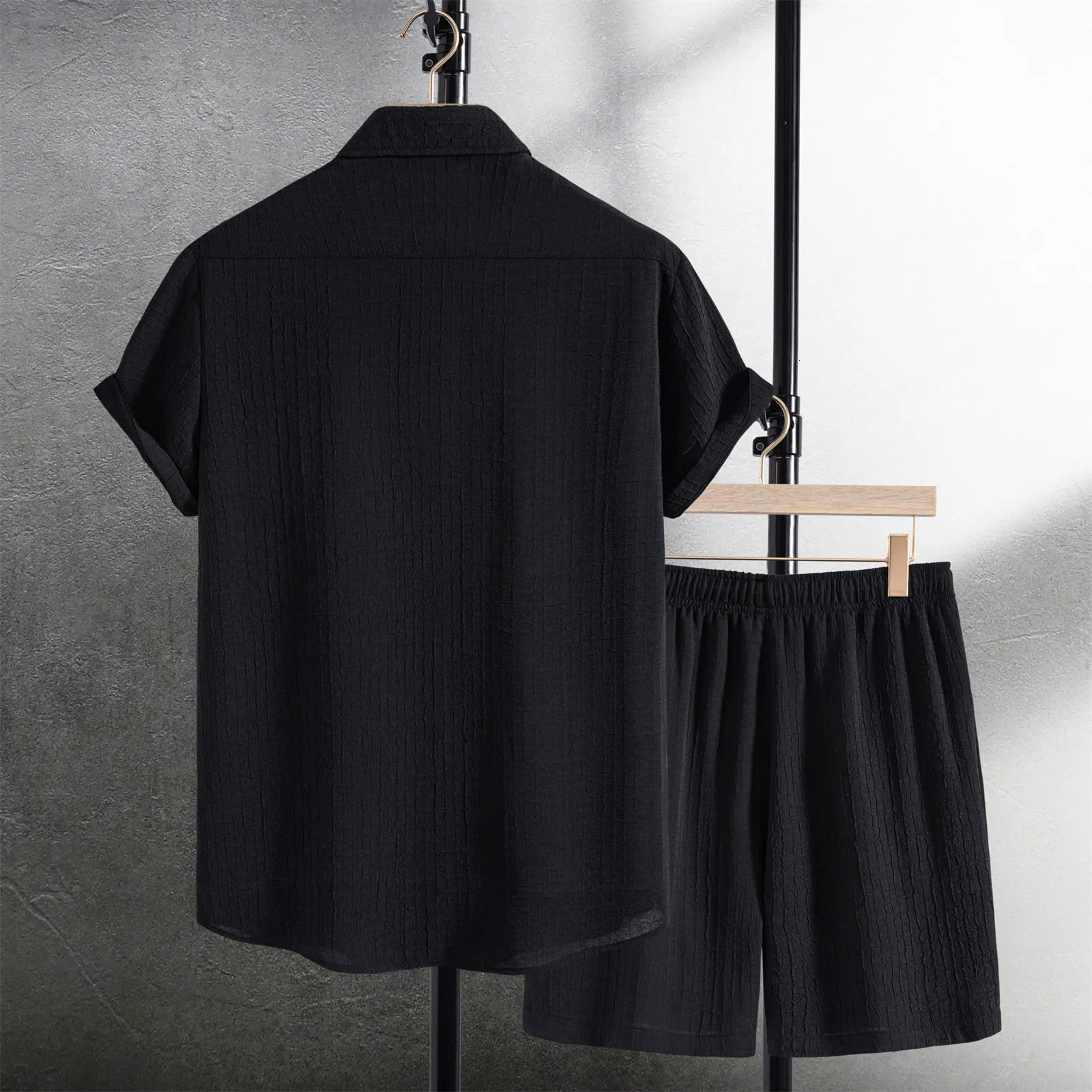 Mens Casual Waffle Shirt Suit Two Piece Solid Short Sleeved Shirt And Shorts Suit Harajuku Casual T-Shirt And Shorts Set 250314