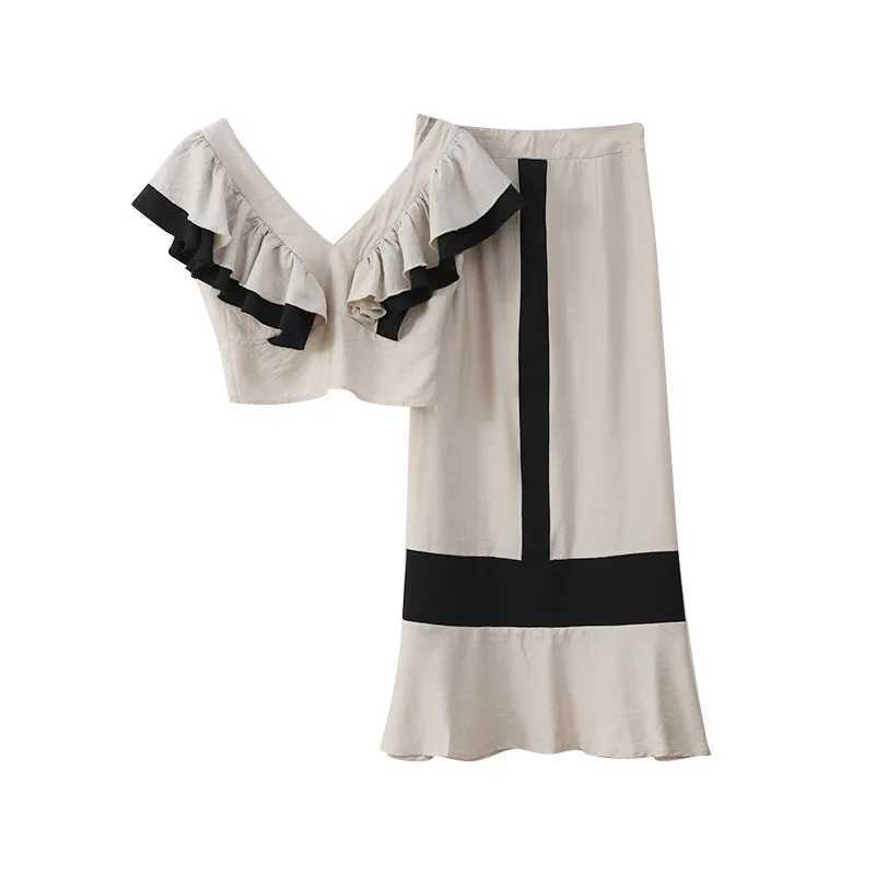 Two Piece Dress Elegant Contrasting High Waist Midi Skirt Suit Women Patchwork V Neck Backl Ruffles Crop Top 2 Pieces Set Summer Lady Outfits Y250315W