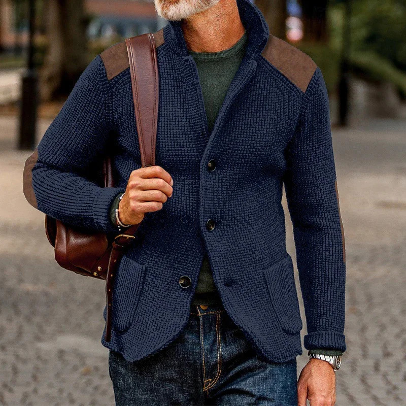 Vintage Patchwork Stand Collar Knitted Jackets Men Spring Casual Button Sweater Cardigan Mens Fashion Slim Knitting 250311