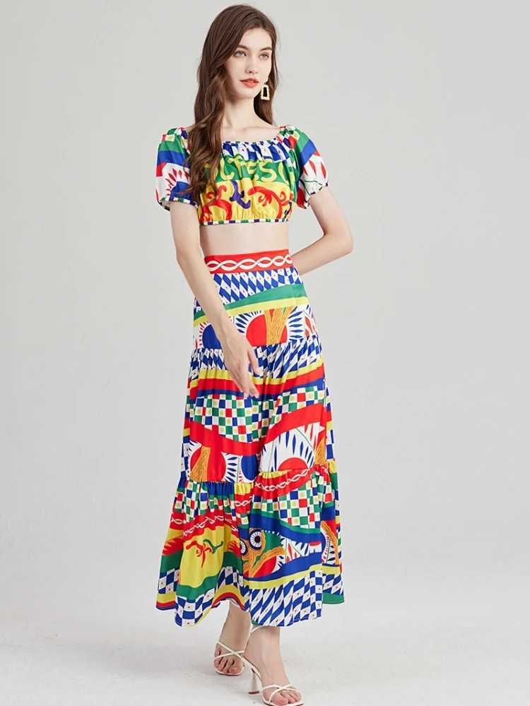 Two Piece Dress JAMERARY Summer Holiday Print Letters Two Piece Suits Womens Sexy Slash Neck Shoulder Off Crop Top + Plaid Long Maxi Skirts Set Y25031