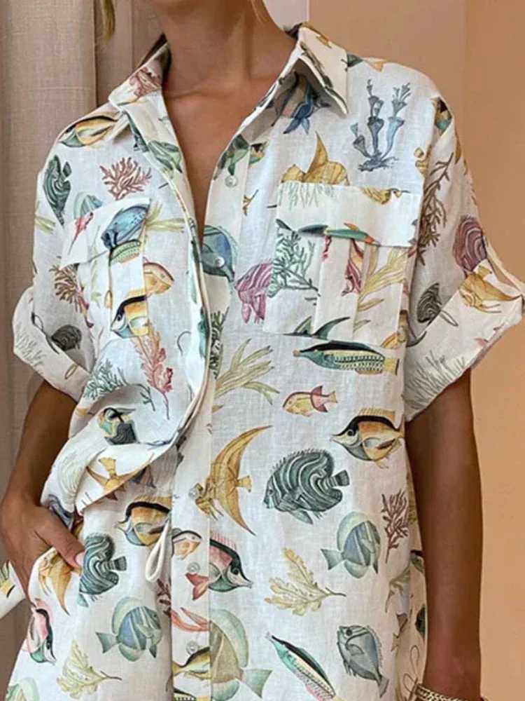 Women's Two Piece Pants 2025 Summer Casual Short Sleve Printed Button Collar Shirt High Waist Short Set Elegant Womens 2-piece Set Y250315KQP5