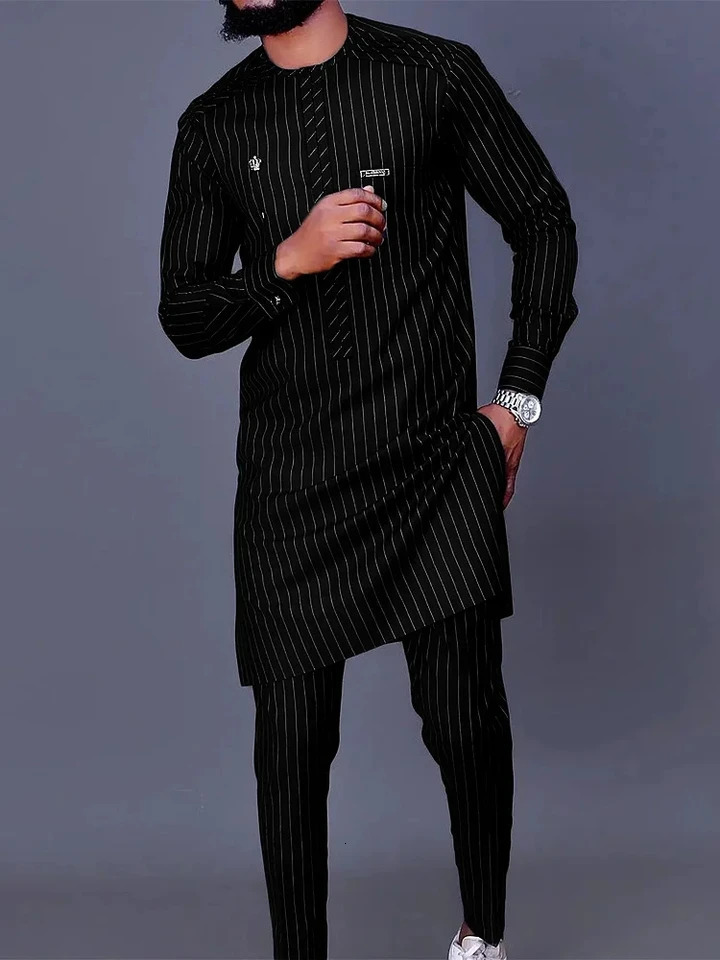 Mens fashion casual geometric print long sleeved two-piece set 250314