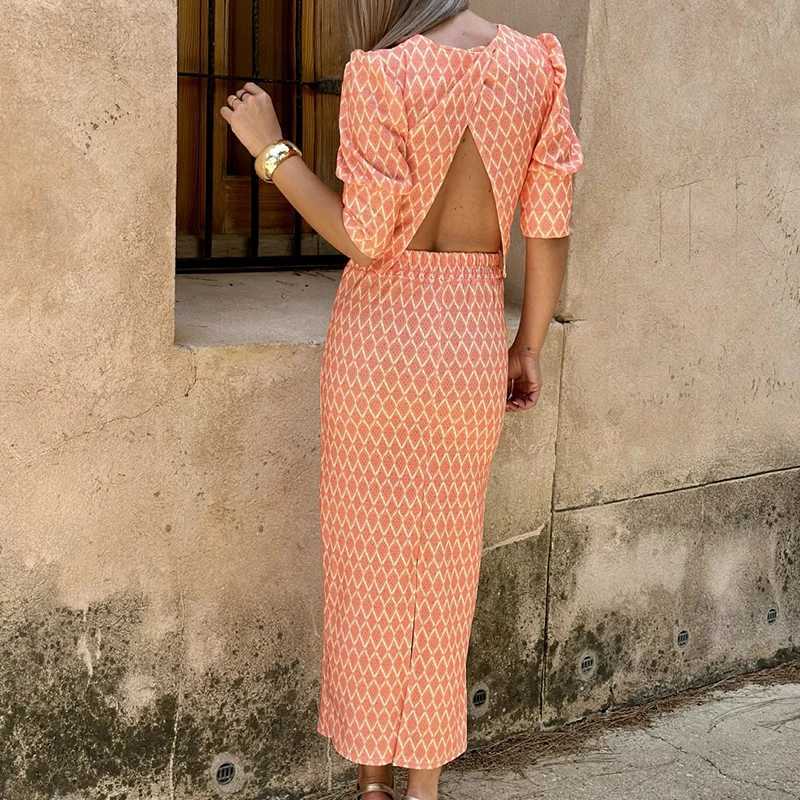 Two Piece Dress Puff Slip Top+Dr set with fashionable geometric print temperature O collar and back evening gown 2-piece set summer fashion Slit bodys