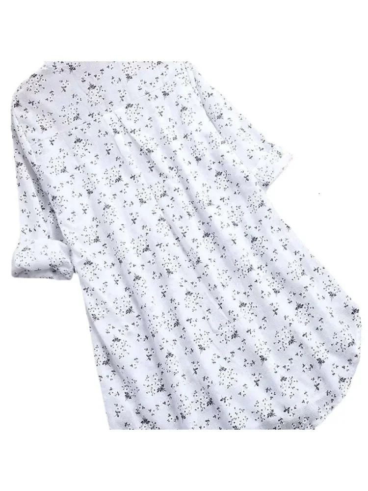 Womens Plussize Shirt White Long Flower Decorated Lapel Button Up Top for Travel Wear 250312