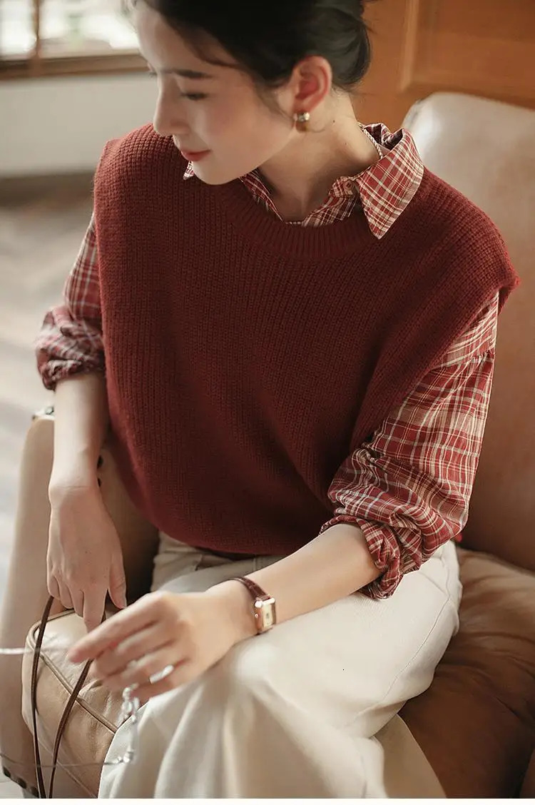 Red Plaid Shirt Women Long-sleeved Niche Spring and Autumn Casual Temperament Slim Shirt Cotton 250314