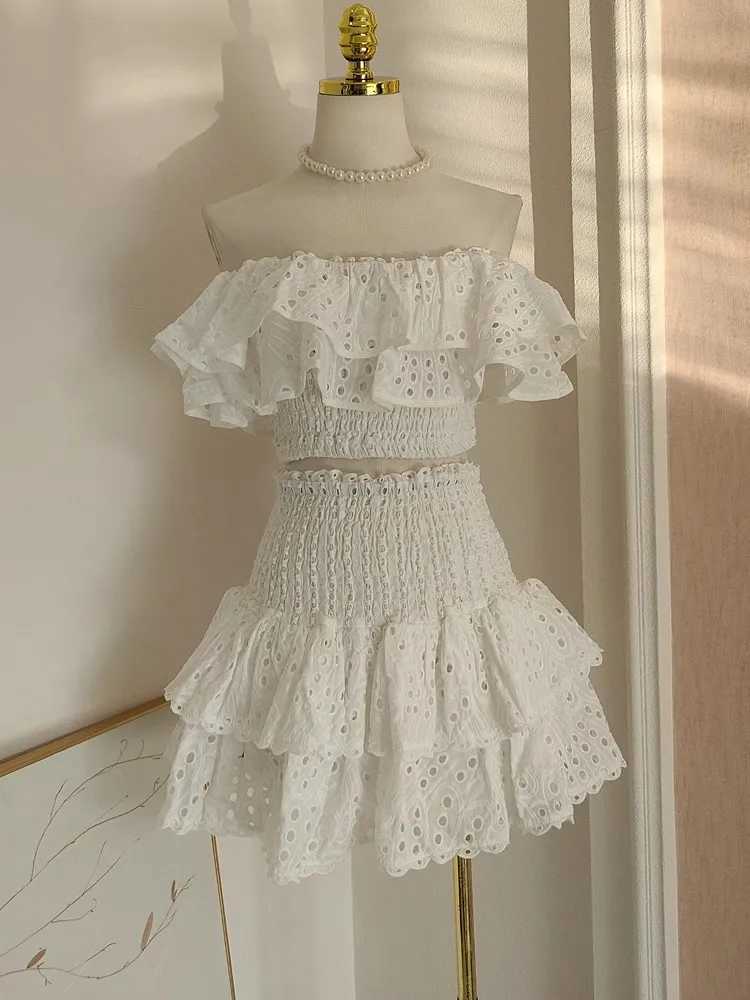 Two Piece Dress Summer Holiday Two Piece Womens Cotton Embroidered Sexy Slanted Collar Ruffle Top and High Waist Short Shirt Beach Set Y250315X6FA