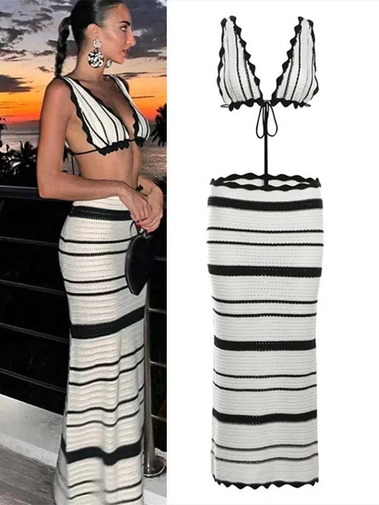 Two Piece Dress Summer Knitted Beach Skiing Set Womens Sexy Back Ultra Thin Bohemian Dress Fashion Striped Holiday Two Piece Set Womens Beach Wear Y25