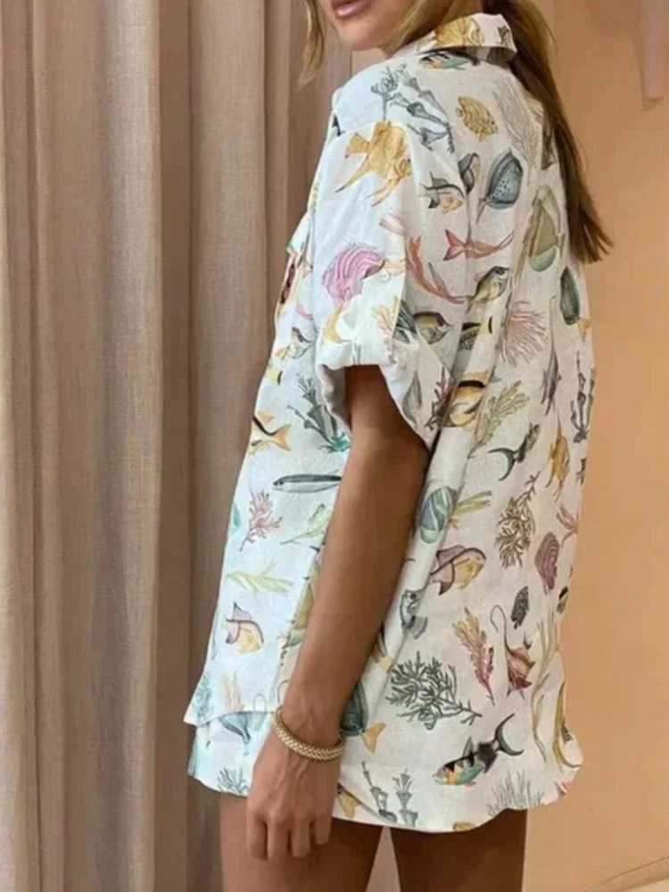 Women's Two Piece Pants 2025 Summer Casual Short Sleve Printed Button Collar Shirt High Waist Short Set Elegant Womens 2-piece Set Y250315KQP5