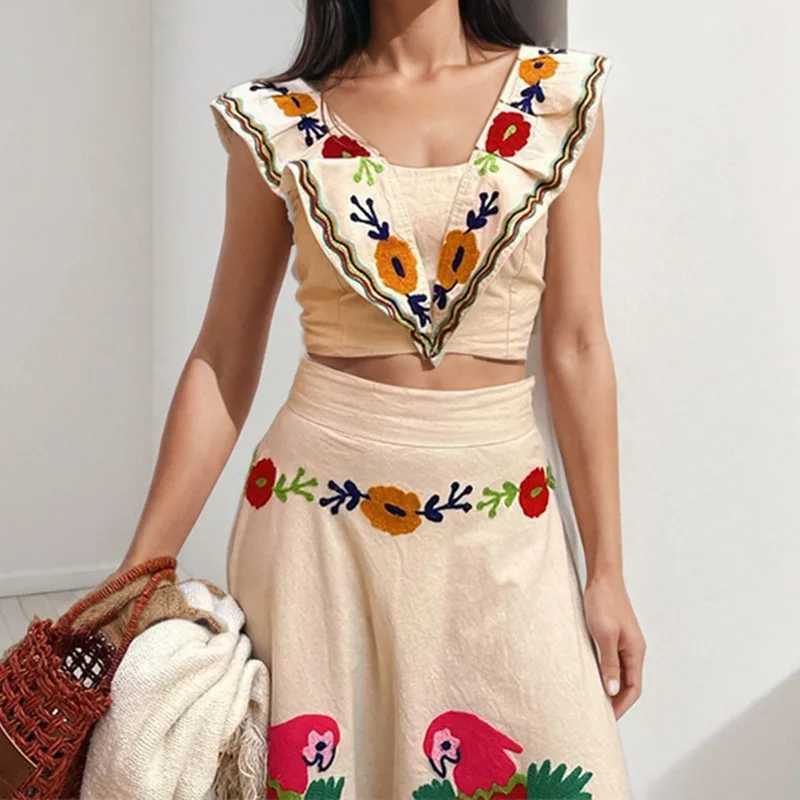 Two Piece Dress Fashion Flower Print Set Dr Womens Ruffle Splicing Slvel Crop Top High Waist Maxii Leather Jacket Womens 2-piece Set Y250315449F