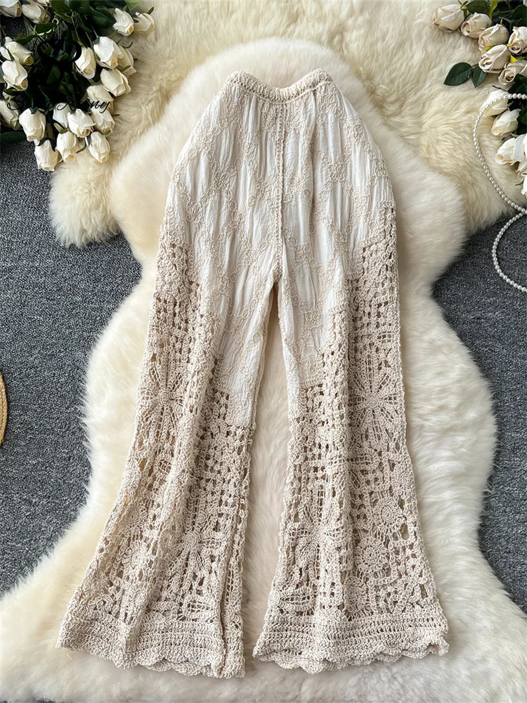 Korean womens knitted mens summer embroidered patchwork hollow outer elastic waist loose beach long leg pants 250314