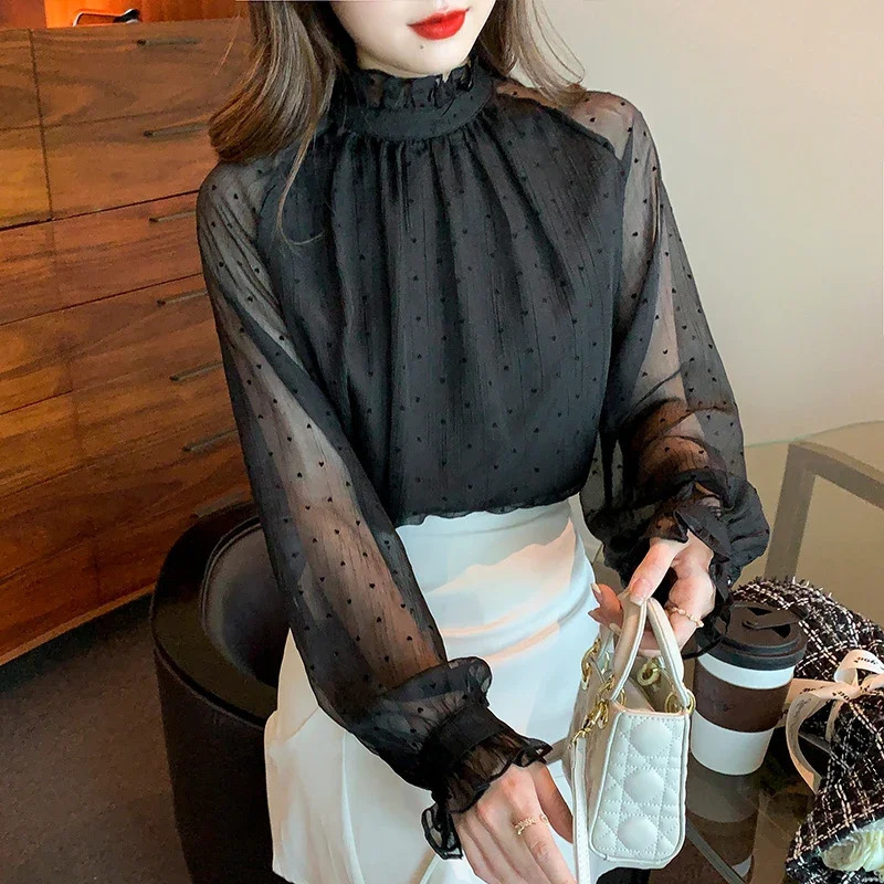 Spring Summer Vintage Black Mesh Womens Blouse 2025 Chiffon Stand Collar Long Sleeve Korean Office Shirts Female 250312
