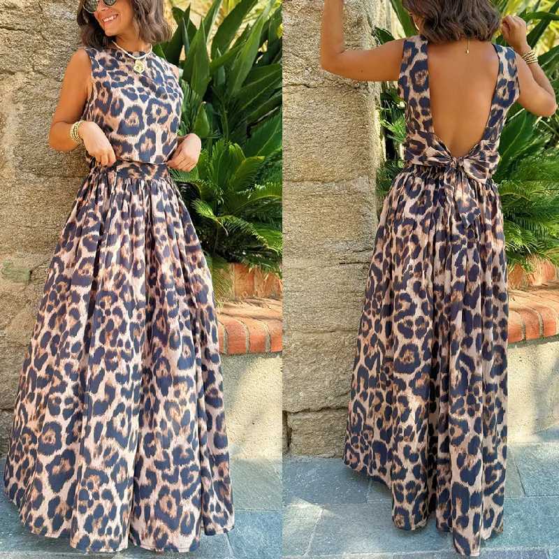 Two Piece Dress Trend Leopard Print Skirt 2-piece set for womens Slvel Backl Leaf up cut top waist A-line Skirts 2-piece set new Y2503156EXP