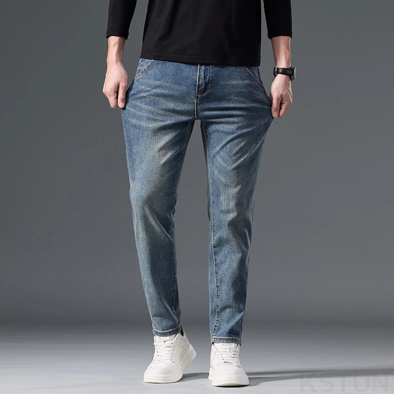 KSTUN Stretch Jeans Men Slim Fit Anklelength Pants Retro Blue Denim Fashion Pockets Designer Mens Clothing Streetwear 250312