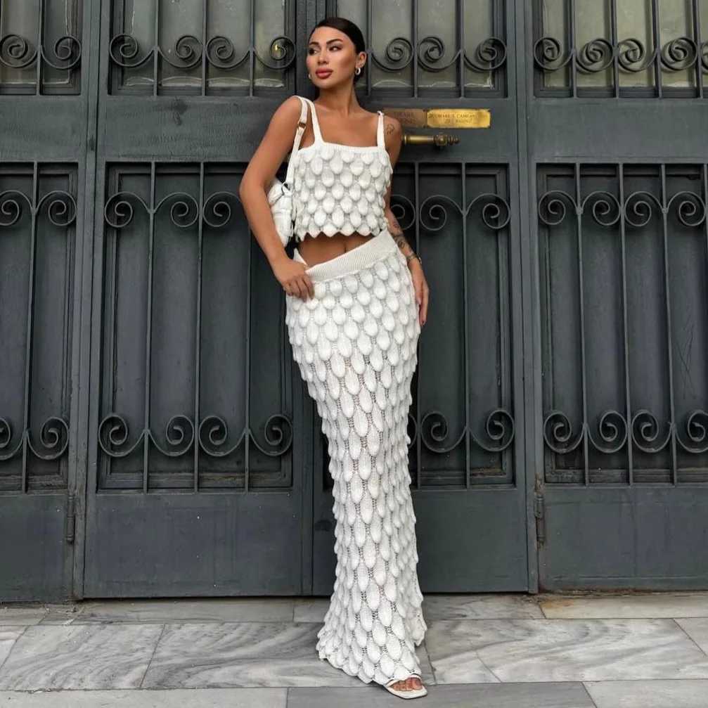 Two Piece Dress DRC Female Attractive Suits Solid Ruched Crop Camisoles+Matching Long Skirts Knit 2 Piece Set Woman Casual High Strt Outfit Y250315BHL