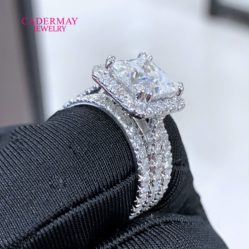 Cadermay 925 silver 3ct square princess cut vvs moissanite halo ring pave stacking engagement wedding ring set for women