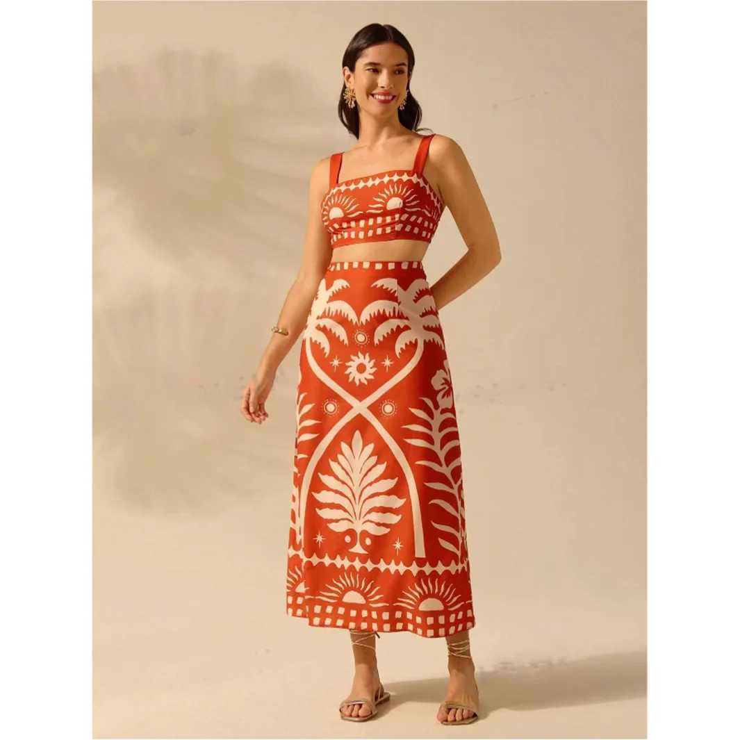 Two Piece Dress 2015 European and American Summer Vacation Coconut Tr Printed Short Strip Top and Fit Extra Long Leather Cover Y2503154HPX