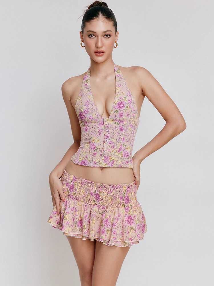Two Piece Dress Articles Sexy Slvel Printed Two Piece Set Womens Button Ceiling Vest Lace Hundred Fold Mini Skirt Set Beach Wear 2025 Y250315HDYC