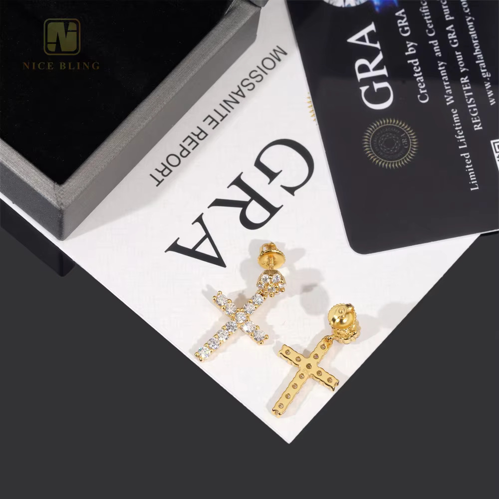 Original Design Men Women Hip Hop Ear Studs 925 Sterling Silver VVS Moissanite Diamond Iced Out Cross Stud Earring for Women