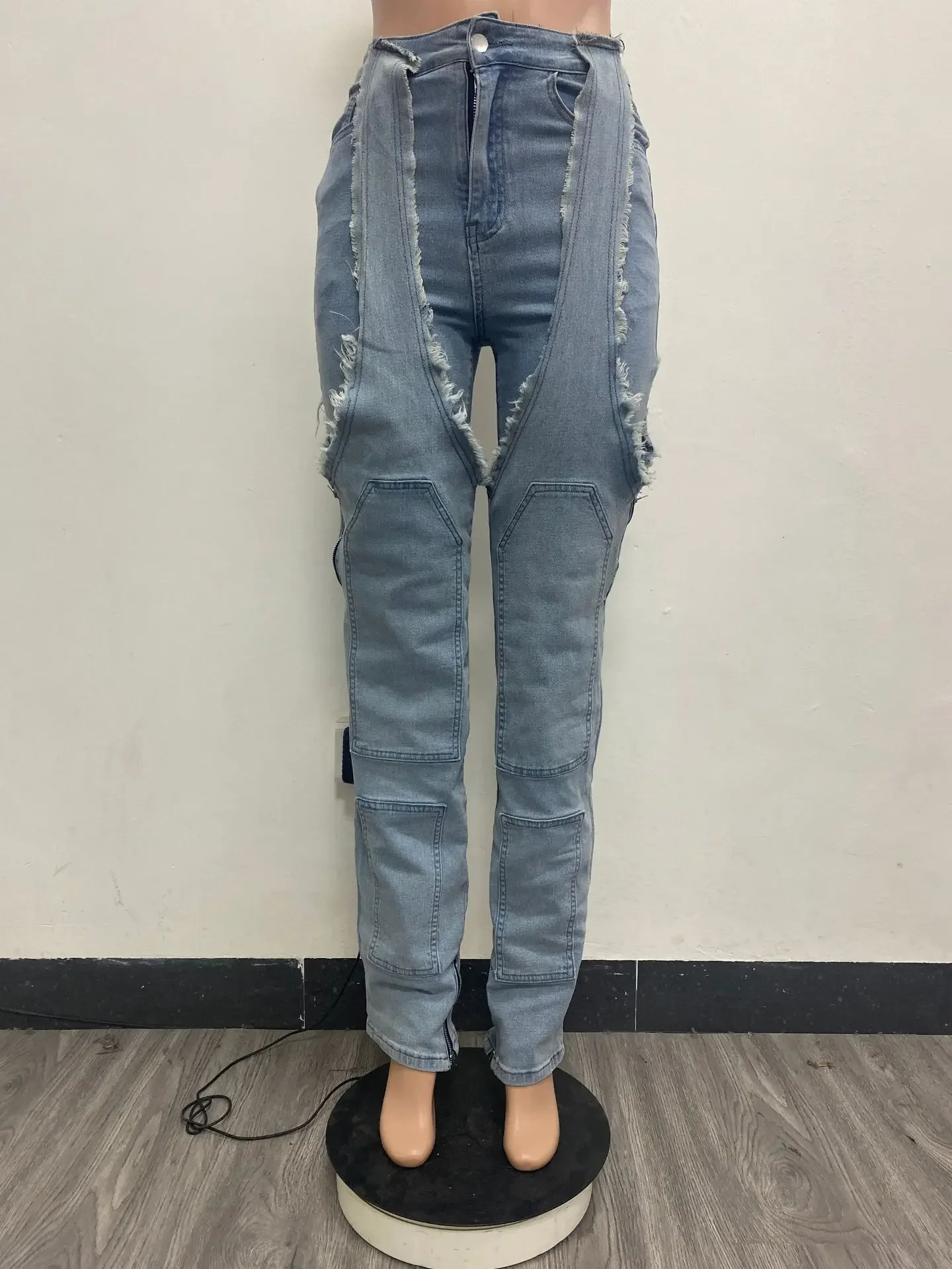 Jeans Women Hollow Out Straight Pants High Strecth Zipper Fly Irregular Ankle Length Trousers Female Streetwear Denims 250314