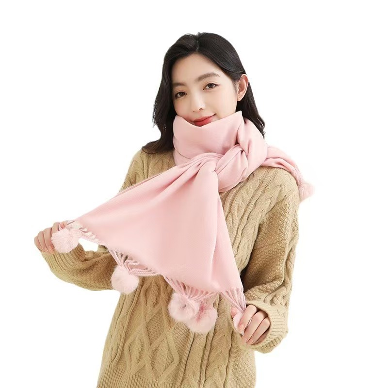 K139 Girls cute imitation cashmere scarf female winter warm solid color big rabbit fur ball 2024 new scarf shawl wholesale
