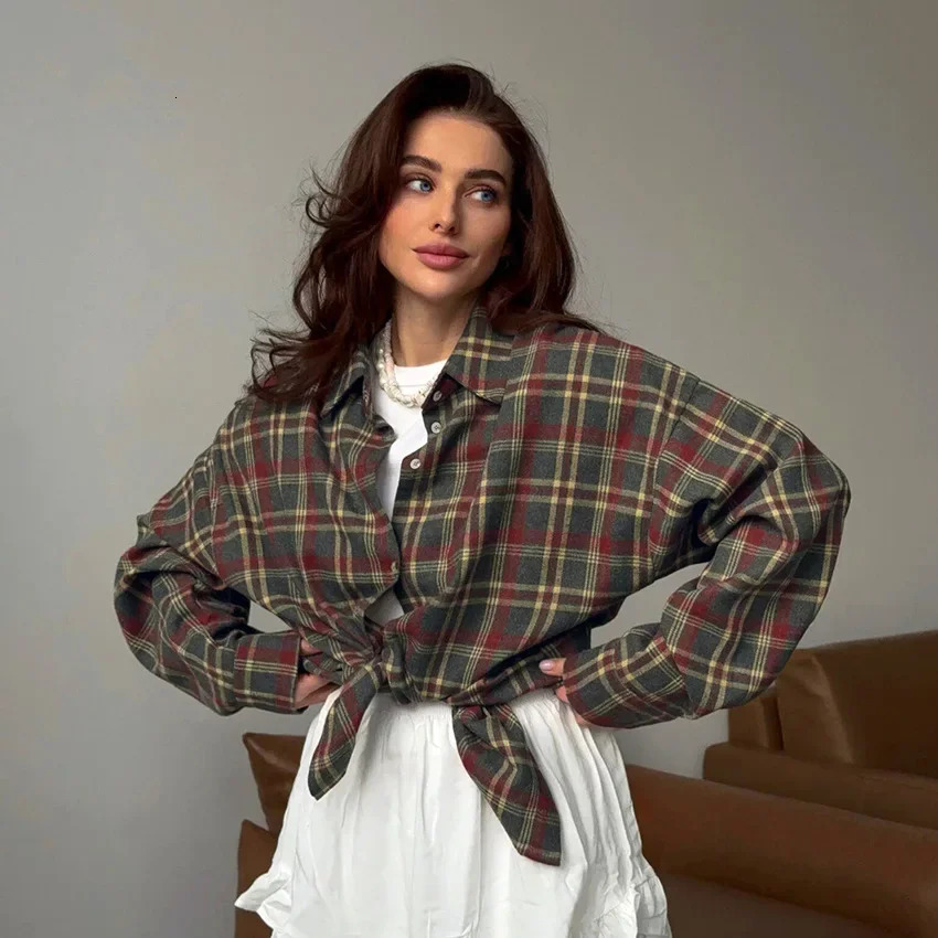 Summer Plaid Vintage Style Versatile Casual Long Sleeve Cardigan Womens Shirt European And American Export Cotton Gauge Shi 250314