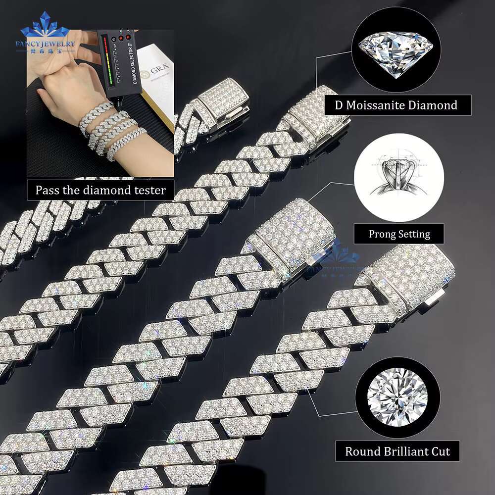 2025 New model 8mm 10mm 12mm DEF Color Moissanite Dia Sterg Sier Over Test Drill Pen Bracelet Necklace Men's Cuban Chain