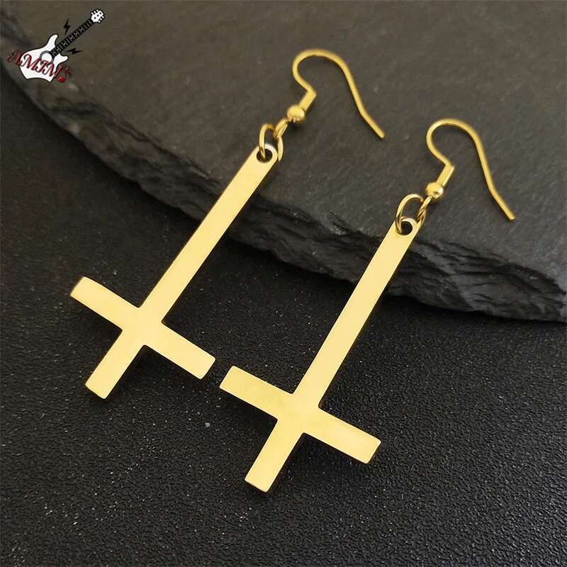 2025 New model Stainless Steel Gothic Upside Down Drop Earrings Punk Inverted Cross Earring Goth Jewelry Pendientes Mujer E8374S06