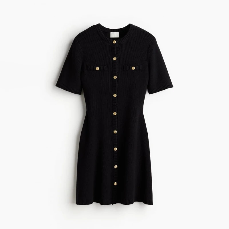 Elegant White Knitted Mini Dress Women Sexy Slim Fit Ribbed Knit Dress Metal Button Short Sleeve Holiday Party Mini Dress 250314