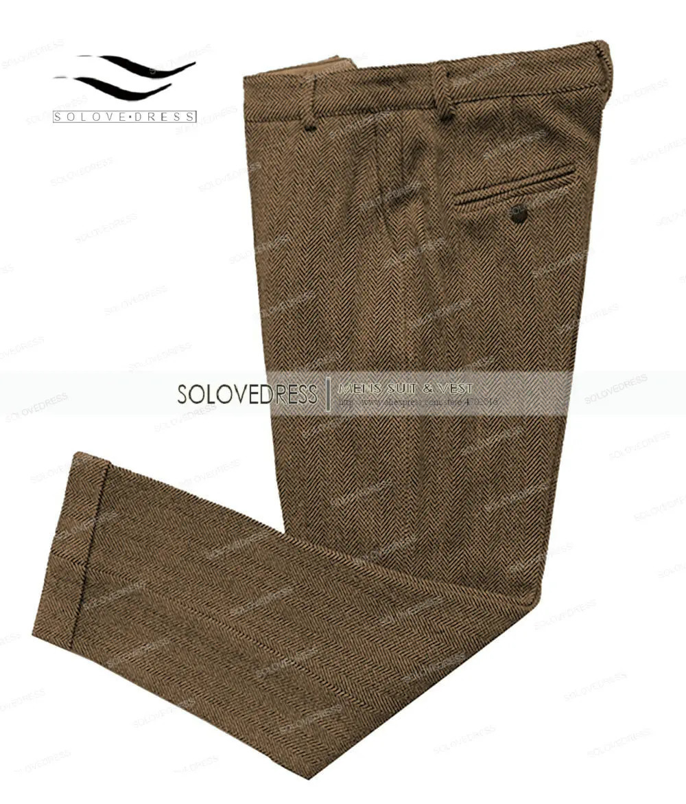 Mens Grey Trousers Wool Tweed Leisure Cotton Male Gentleman regular fit Herringbone Business Pants Suit for Wedding Groom 250314