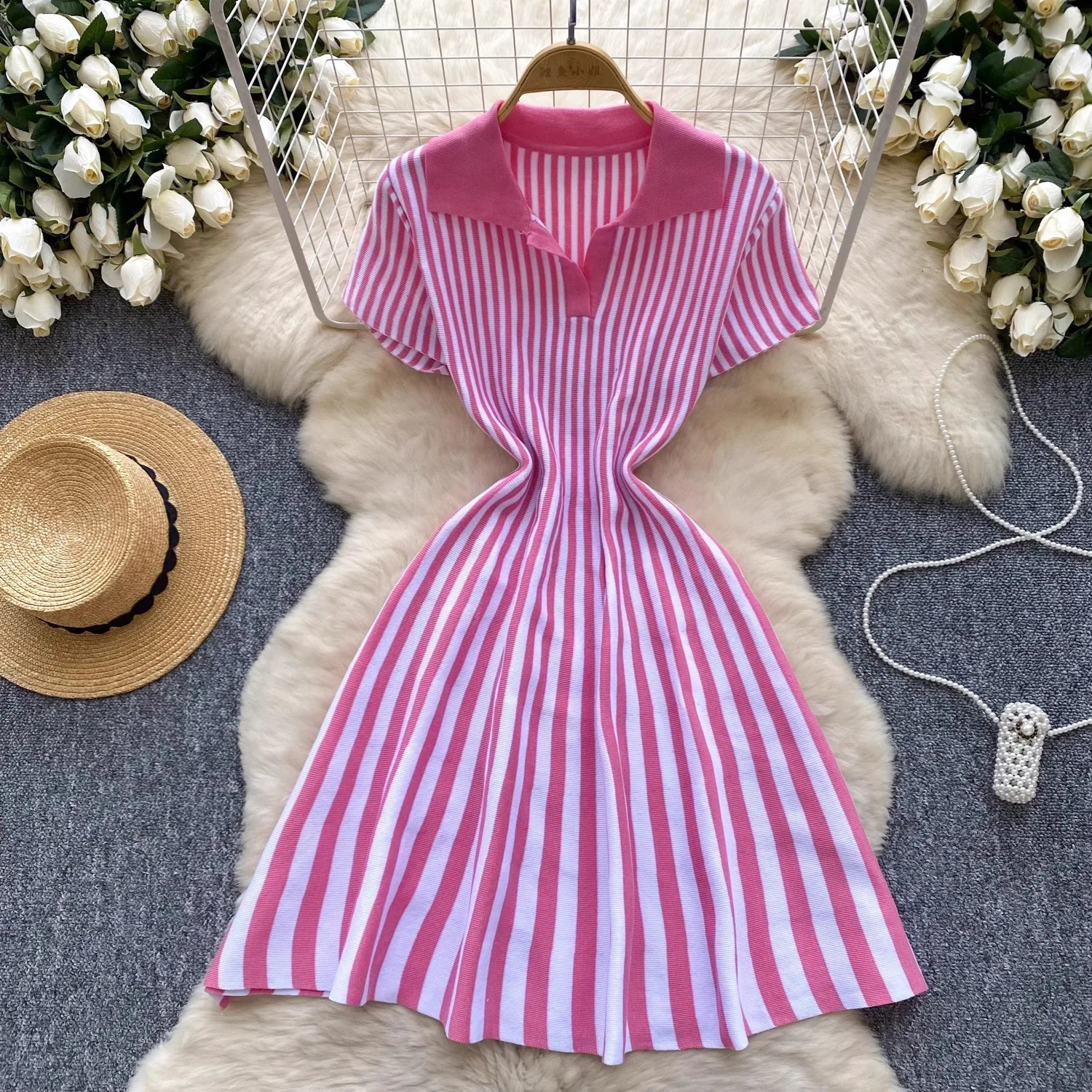 YuooMuoo Chic Fashion Y2K A-line Short Dress Women Short Sleeve Casual Striped Knitted Summer Dress Streetwear Ladies Dresses 250314