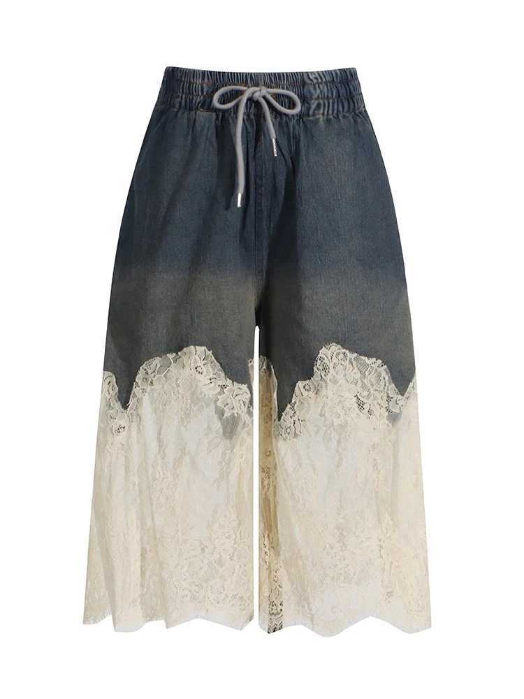 Women's Two Piece Pants TWOTWINSTYLE Patchwork Lace Two Piece Set For Women V Neck Slvelss Vest High Waist Kn Length Pant Chic Denim Sets Female 