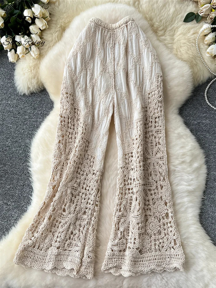 Korean womens knitted mens summer embroidered patchwork hollow outer elastic waist loose beach long leg pants 250314