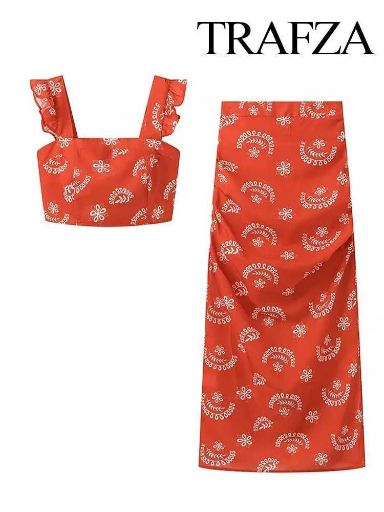 Two Piece Dress TRAFZA Summer Fashion Womens Printed Slvel Bohemian Style Short Sling Top+Elastic Waist Side Zipper Split Strapless Y250315UN16