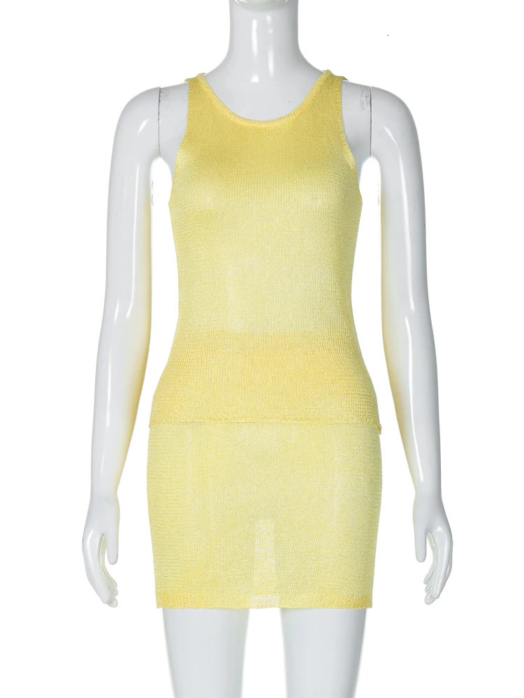 Hugcitar Knitted 2 Pcs Matching Sets O Neck See Through Sexy Slim Crop Top Skirt Women Casual Outfit Beach Vacation Club 250314