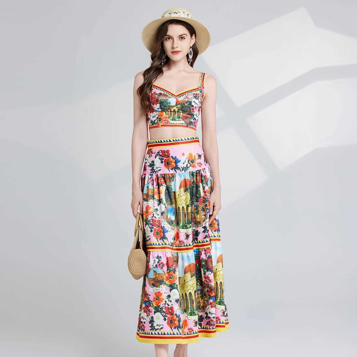 Two Piece Dress Summer Holiday Crop Tops Long Skirts Suits Women Two Piece Sets Flower Print Bustier Corset Tops A Line Midi Skirts 2pcs Outfits Y2503