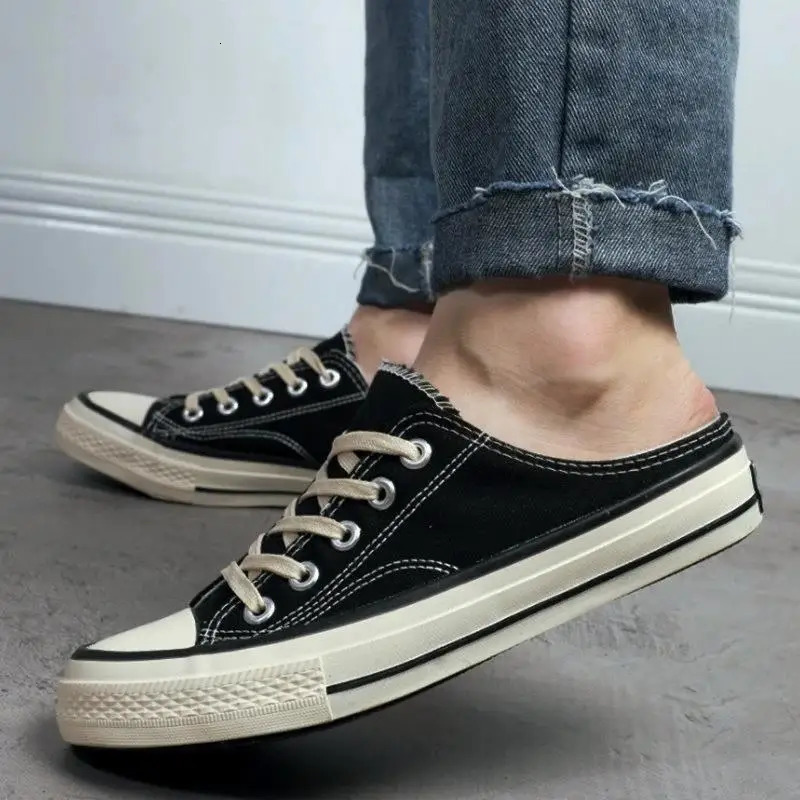 Mens Canvas Sneakers Lovers Comfortable Slip-on Shoes Flats Casual Women Half Slipper Breathable Walking Shoes Plus Large Size 44 250310