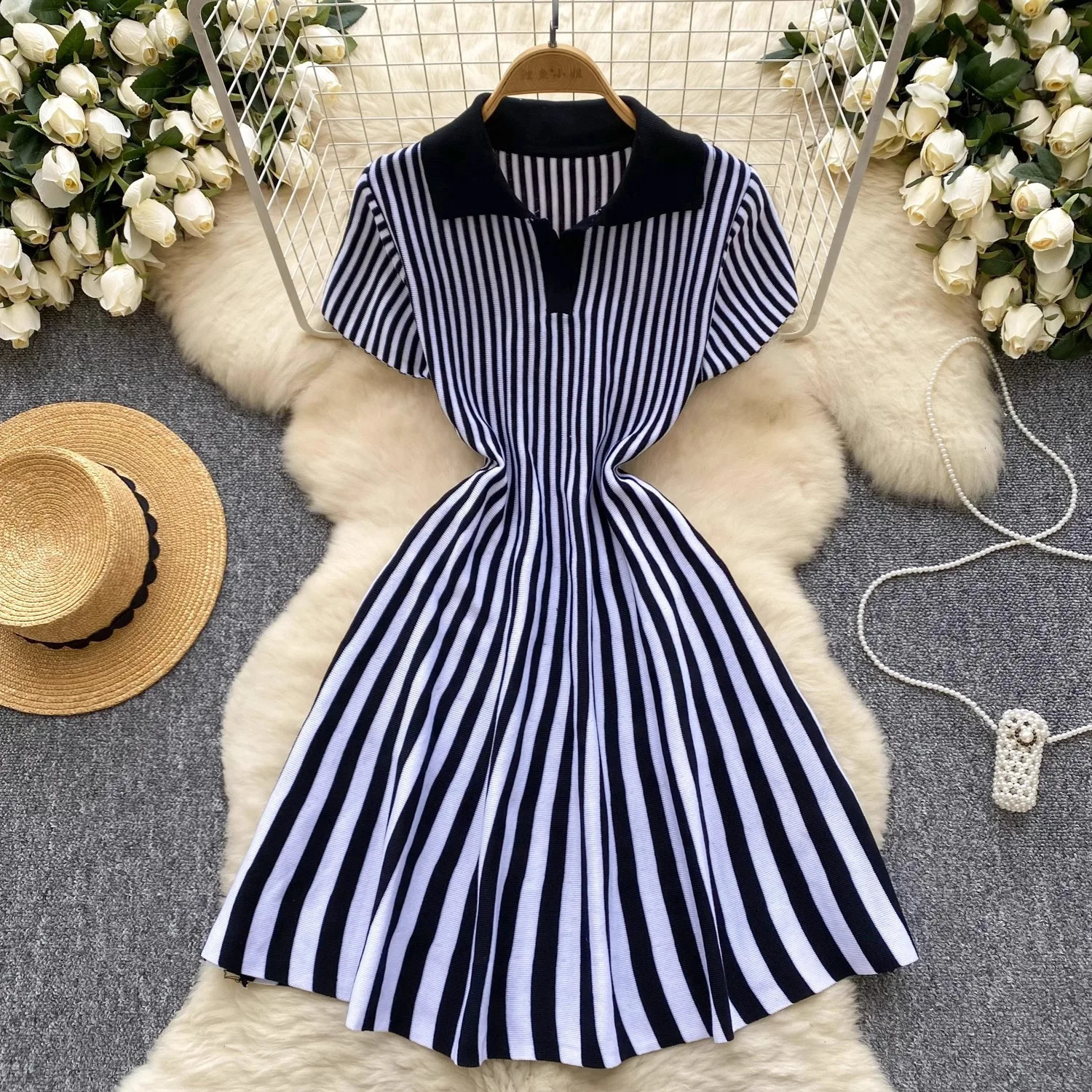 YuooMuoo Chic Fashion Y2K A-line Short Dress Women Short Sleeve Casual Striped Knitted Summer Dress Streetwear Ladies Dresses 250314