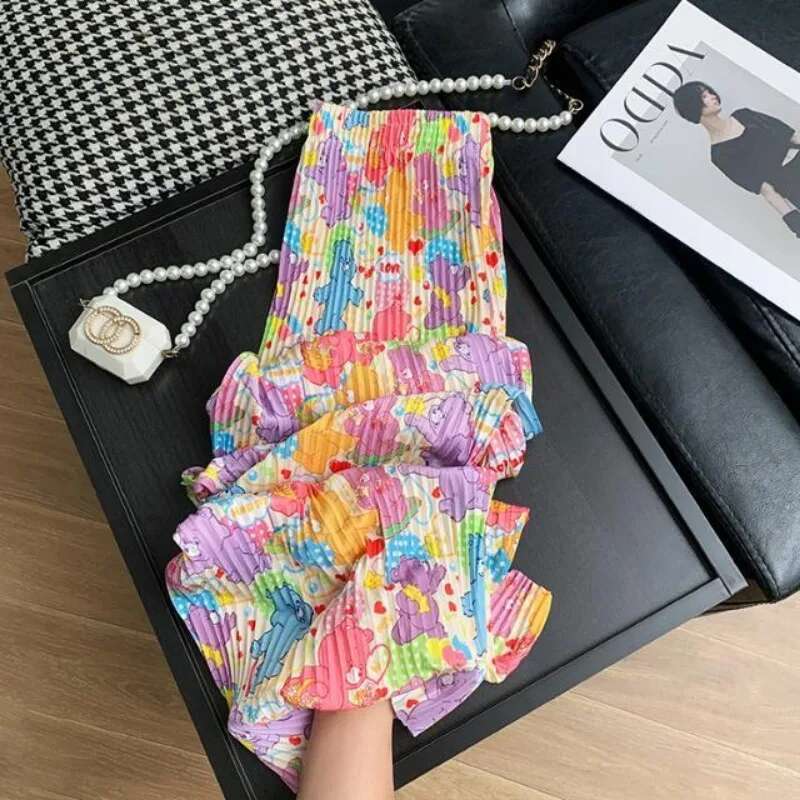 2025 new cute cartoon printed pleated wide leg designer fashion women's street wear loose straight leg pants clothing spring and summer pants4