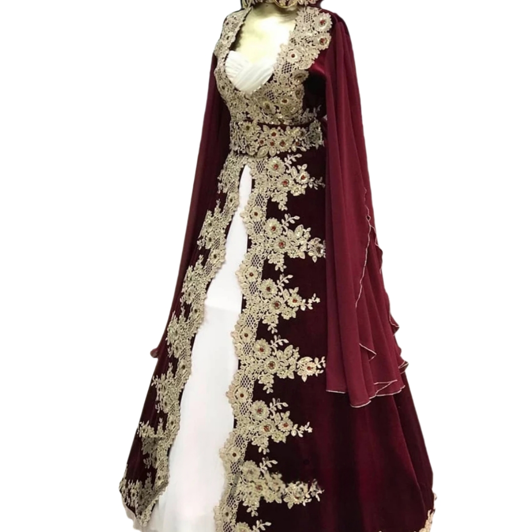 Elegant Moroccan Kaftan Evening Dresses Burgundy Velvet Long Sleeves Dubai Arabic Caftan Prom Dress With Gold Lace Appliques Crystal Beaded Sweetheart