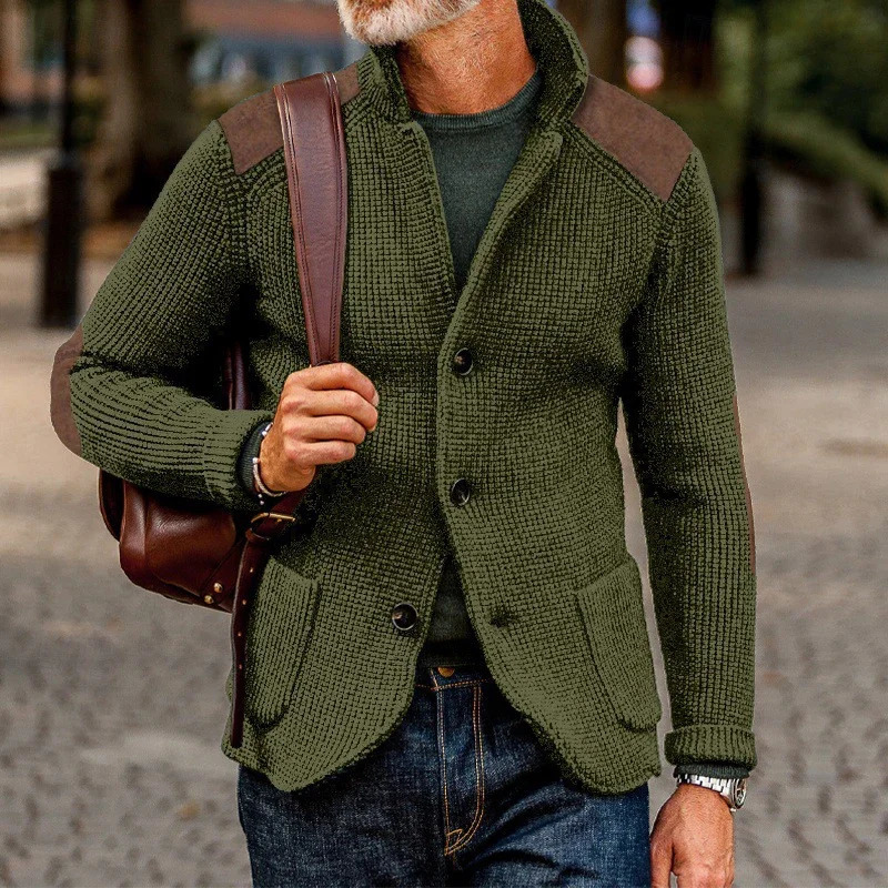 Vintage Patchwork Stand Collar Knitted Jackets Men Spring Casual Button Sweater Cardigan Mens Fashion Slim Knitting 250311