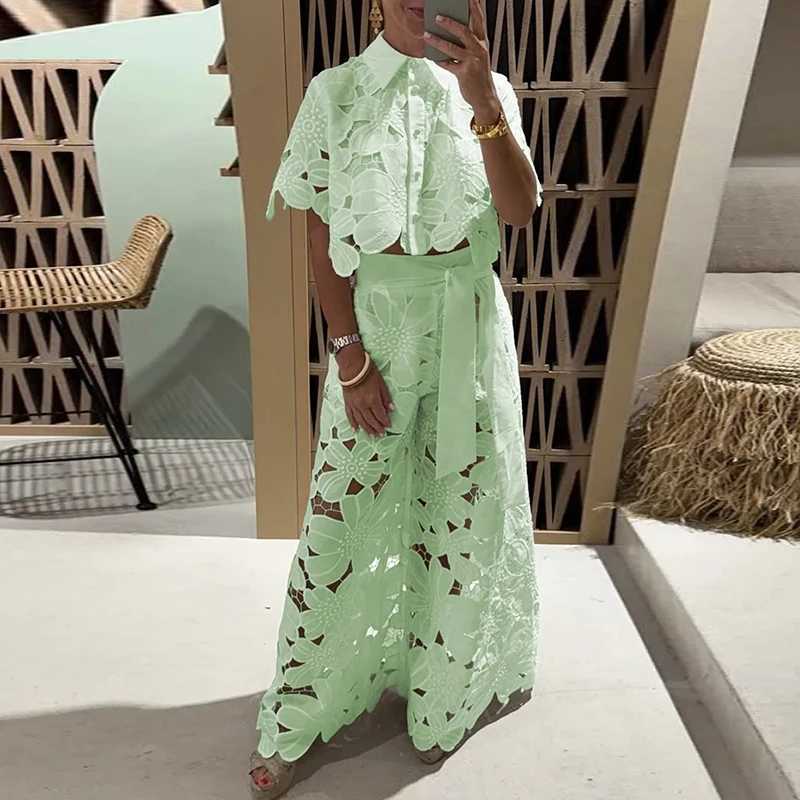 Women's Two Piece Pants Spring Embroidery Hook Flower Hollow Crochet Set Women 2 Pieces Polo-Neck Button Tops+Wide Leg Pants Outfits Sexy Lace Fa