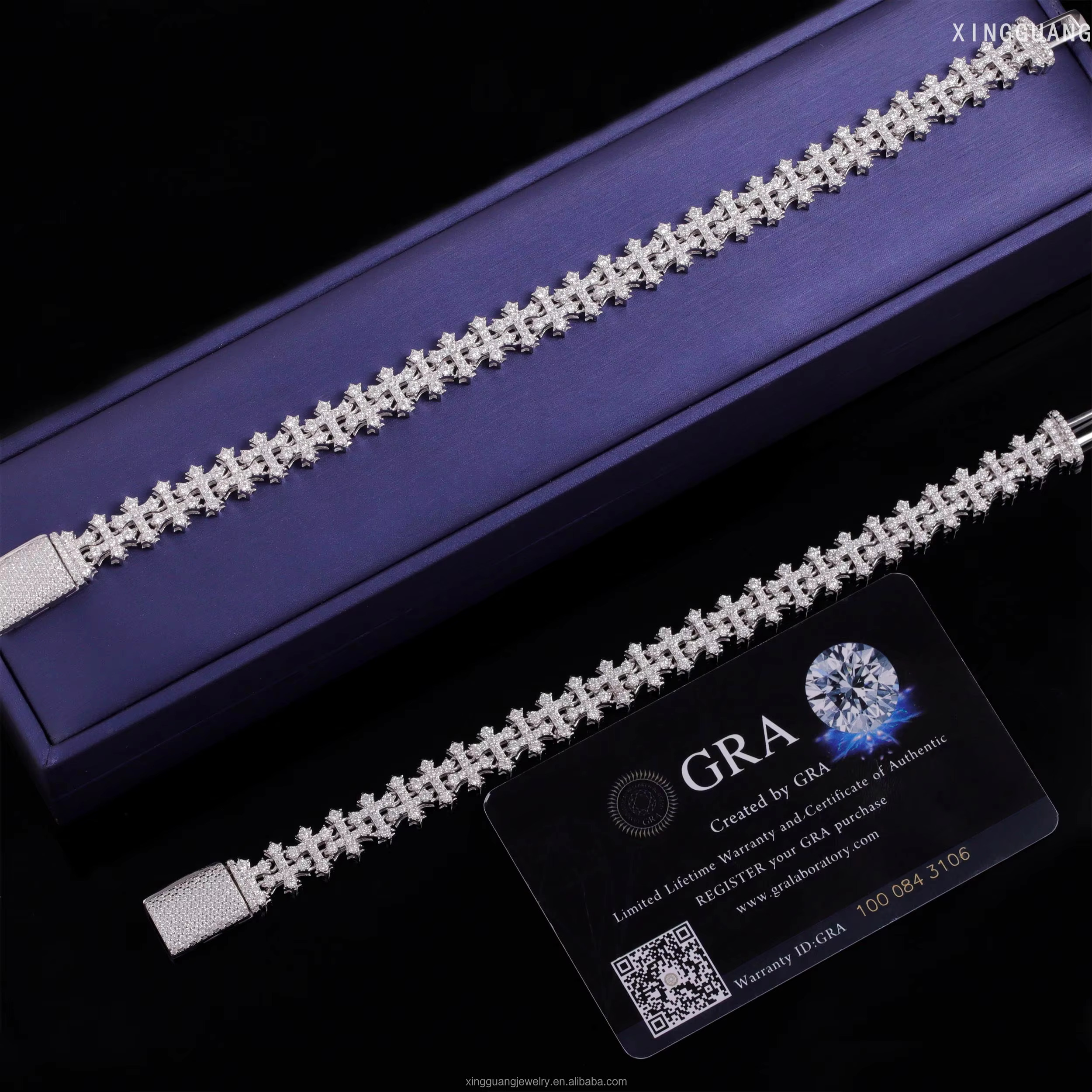 Fashion Best Selling Prong Setting 18k White Gold Plated Iced Out Jewelry Moissanite Diamond Hip Hop Cross Cuban Link Bracelet